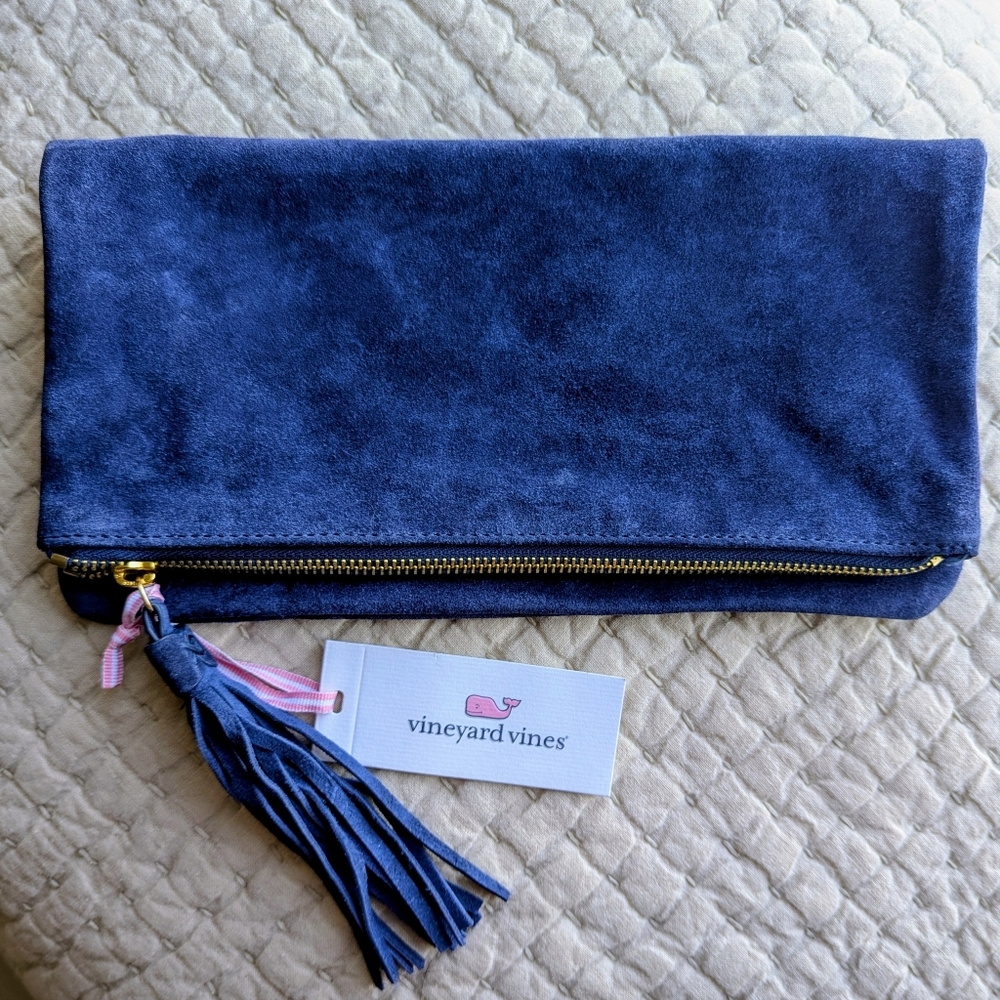 Vineyard Vines Blue Suede Clutch with Tassel